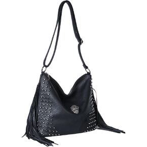 Oweisong Western Fringe Purse for Women Hobo Leather Skull Gothic Crossbody Bag Black Punk Shoulder Bag