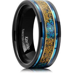 King Will Mens 8mm Black Wedding Band Pipe Cut Tungsten Carbide Rings Wood/Shell/Sand Inlay Unique Ring For Men Polished Flat Anniversary Rings Comfort Fit Size 7-12