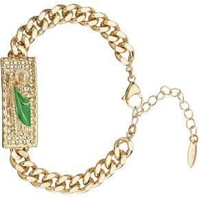 Gold Chain Link Bracelet with Religious Medallion, Green Enamel Accent, Textured Design