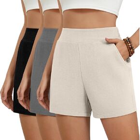 3 Pack Women's Casual Linen Shorts Comfy Elastic Waist Summer Lightweight Wide Leg Shorts with Pockets