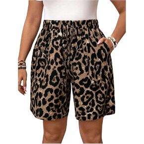 GORGLITTER Women's Plus Size Leopard Y2k Shorts Straight Leg Drawstring Waist Shorts with Pockets