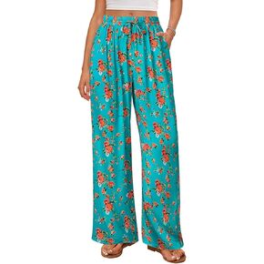 MEROKEETY Women's Striped Floral Wide Leg Pants Drawstring Elastic High Waist Casual Pants with Pockets in Saudi Arabia