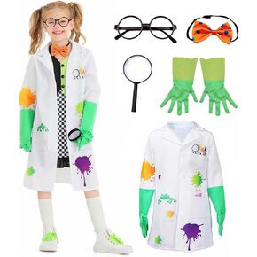 Kids Mad Scientist Costume with Eyeglass Frames Bow Tie Gloves Magnifying Glasses 5Pc Kids Lab Coat Halloween Dress Up