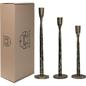 BEGINS Hand-Forged Gold Taper Candle Holders, Set of 3 Decorative Metal Candlestick Holders for Weddings, Dining Table, Church, Home Decor