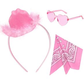 SeptCity Pink Cowboy Hat Headband, Mini Cowgirl Hat for Girls Heart Glasses with Bandana Cowgirl Cosplay Accessories for Halloween Birthday Party Music Festival