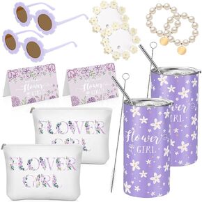 Crtiin 30 PCS Flower Girl Gifts Set 2 Flower Girl Tumblers 2 Round Rounds 2 Canvas Bags 2 Proposal Cards 2 Bracelets 20 Clips Hair Clips for Wedding Conversion Shower (Purple)