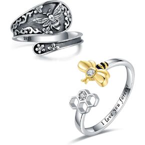 925 Sterling Silver Honeycomb Bumble Bee Ring Dainty Cubic Zirconia Adjustable Open Gold Honey Bee Rings CZ Cute Animal Lucky Pinky Toe Knuckle Thumb Ring Engraved I Love You Forever Bumblebee