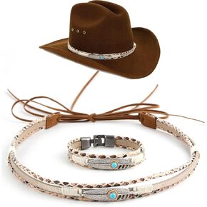 2 Pcs Western Hat Band with Leather Bracelet Set - Stylish & Durable PU Leather Turquoise Metal Leaf Design for Cowboy Cowgirl Hats | Replacement Strap for Fedora Panama Straw Hats (Men & Women)