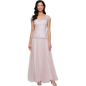 Alex Evenings Women's Long V-Neck Embroidered Mother of The Bride Dress W/Cap Sleeves, Full Skirt (Petite and Regular Sizes)