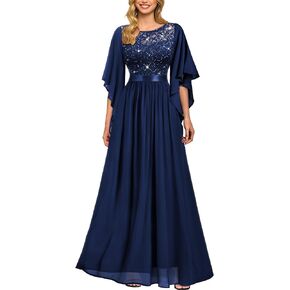 Miusol Women's Elegant Style Sequin Lace Contrast Chiffon Bridesmaid Party Maxi Dress