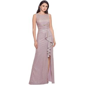 Betsy & Adam Women's Long Glitter Sleeveless Gown with Ruffle Detail and Hidden Back Zipper
