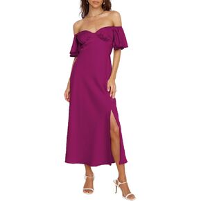 2025 Summer Women's Satin Off Shoulder Formal Dress Wedding Guest Elegant Butterfly Sleeve Split Cocktail Prom Midi Dresses