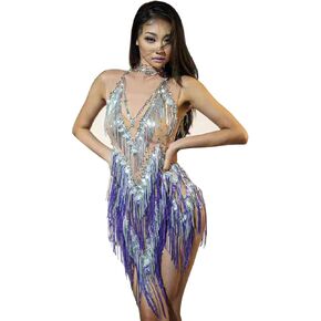 سباركلي ديامانتي هامش مثير نساء عالي الرقبة bodysuit حفل عيد ميلاد نادي الرقص فريق Drag Queen Comple