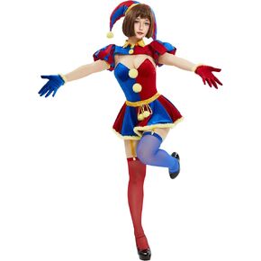Women's Clown Cosplay Costume Circus Clown Bodysuit Blue Red Bodysuit and Mini Skirt with Gloves and Hat