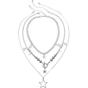 Star Necklace Y2k Silver Grunge Layered Necklace Cute Aesthetic Stack Toggle Chain for Women Vintage Emo Jewelry Gifts