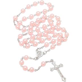 Simulated Pearl Rosary Necklace with Crucifix Pendant, Long Beaded Chain with Silver Plated Metal Cross Pendant for Women