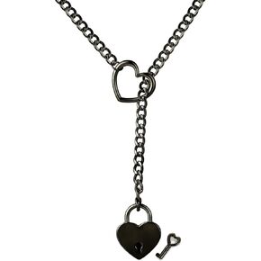 Heart O-Ring Slip Chain Choker Necklace, Punk Rock Style, Stainless Steel Cuban Y-Necklace, Adjustable Lariat, Women's Fashion Jewelry