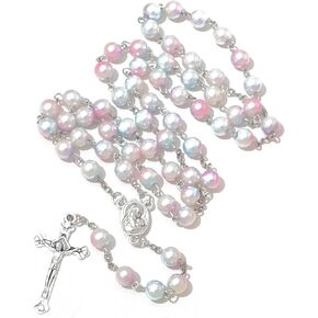 Simulated Pearl Rosary Necklace with Crucifix Pendant, Long Beaded Chain with Silver Plated Metal Cross Pendant for Women in Kuwait