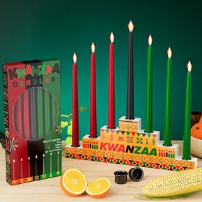 Kwanzaa Kinara Set - Double Sided Wooden Kwanzaa Candle Holder with Dripless Taper Candles (3 Red, 3 Green, 1 Black) and Metal Cup for African Heritage Holiday Party