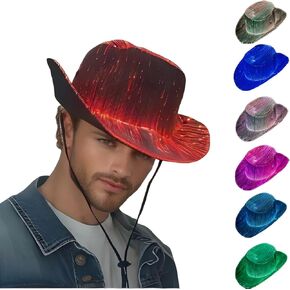 LED Light up Cowboy Hat 7 Colors Glow in The Dark USB Rechargeable Rave Cowgirl Hats with Bucket Conversion for EDM Festival