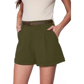 Vinova Womens Shorts Dressy Casual Pleated Elastic High Waisted Trouser Wide Leg Work Trouser Shorts with Pockets & Belt