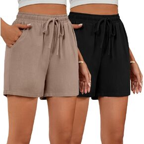 Ficerd 2 Pack Women's Linen Wide Leg Shorts, Casual High Waisted Drawstring Shorts Pant Comfy Summer Beach Short with Pockets