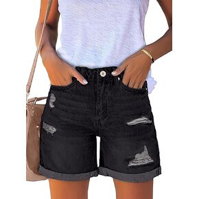 Necooer Women Jean Shorts Ripped Casual Summer Fashion Stretchy Classic Folded Hem Denim Shorts