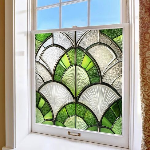 Window Privacy Film 19.7 x 19.7 Inch Removable Static Cling Tiffany Style Stained Glass Window Film Decorative Double-Sided Floral Window Clings for Home Office Living Room,Green Sector in Saudi Arabia