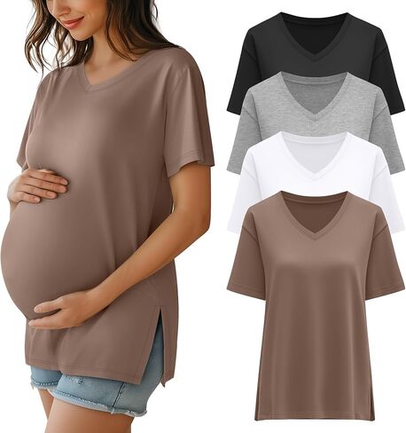 Huukeay 4 Pack Women's Maternity Shirts V Neck Short Sleeve Pregnancy Tops Blouses Split Side Loose Fit Pregnant Tunic Tee in Saudi Arabia
