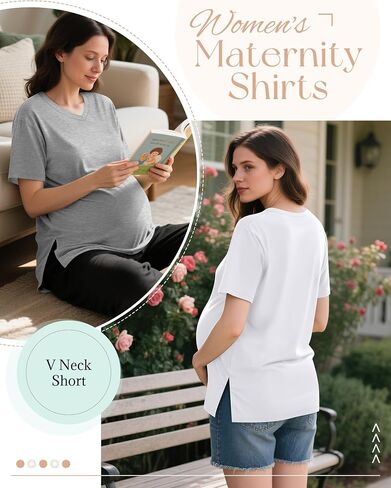 Huukeay 4 Pack Women's Maternity Shirts V Neck Short Sleeve Pregnancy Tops Blouses Split Side Loose Fit Pregnant Tunic Tee in Saudi Arabia