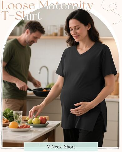 Huukeay 4 Pack Women's Maternity Shirts V Neck Short Sleeve Pregnancy Tops Blouses Split Side Loose Fit Pregnant Tunic Tee in Saudi Arabia