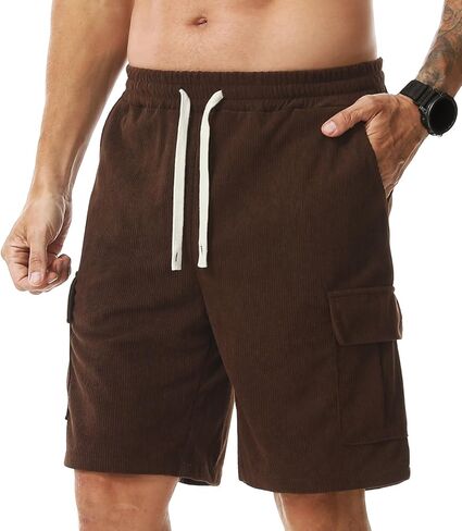 Surenow Mens Cargo Corduroy Shorts Running Breathable Summer Beach Shorts Elastic Waistband Drawstring Casual Shorts in Kuwait