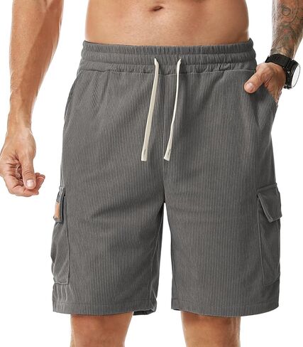 Surenow Mens Cargo Corduroy Shorts Running Breathable Summer Beach Shorts Elastic Waistband Drawstring Casual Shorts in Kuwait