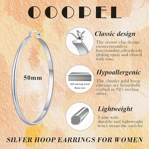 OOOPEL 3mm Wide Large Gold/Silver Hoop Earrings Sterling Silver Hoop Earrings For Women Big Gold Hoops Hypoallergenic 925 Sterling Sliver Earrings Hoops 30/40/50/60mm in Kuwait