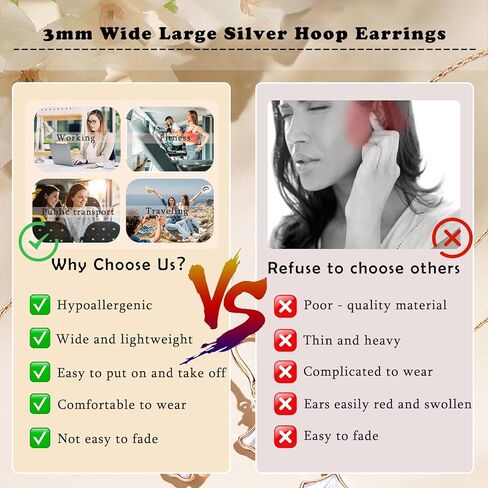 OOOPEL 3mm Wide Large Gold/Silver Hoop Earrings Sterling Silver Hoop Earrings For Women Big Gold Hoops Hypoallergenic 925 Sterling Sliver Earrings Hoops 30/40/50/60mm in Kuwait