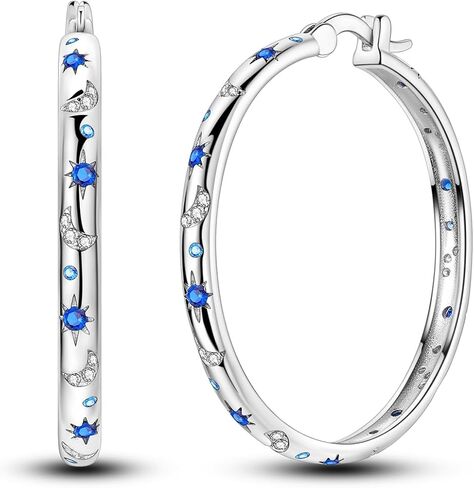 Hapour Sterling Silver Cubic Zirconia Hoop Earrings for Women Teen, Hypoallergenic Rhinestone Earrings Sparkly Crystal Moon Star Hoops in Kuwait