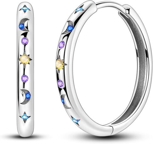 Hapour Sterling Silver Cubic Zirconia Hoop Earrings for Women Teen, Hypoallergenic Rhinestone Earrings Sparkly Crystal Moon Star Hoops in Kuwait