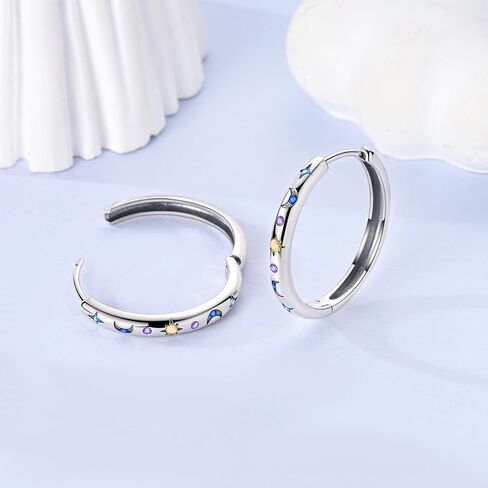 Hapour Sterling Silver Cubic Zirconia Hoop Earrings for Women Teen, Hypoallergenic Rhinestone Earrings Sparkly Crystal Moon Star Hoops in Kuwait