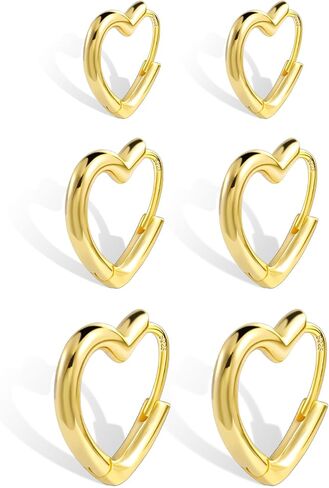 925 sterling الفضة الفضية 3 أزواج أقراط القلب المحددة للنساء 14 كيلو متر مطلي بالذهب ، والقلوب البسيطة على شكل قلوب صغيرة كبيرة من الفضة كبيرة hoop in Kuwait