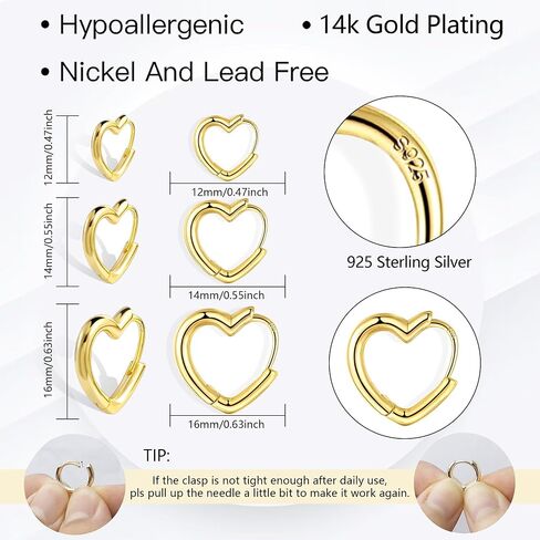 925 sterling الفضة الفضية 3 أزواج أقراط القلب المحددة للنساء 14 كيلو متر مطلي بالذهب ، والقلوب البسيطة على شكل قلوب صغيرة كبيرة من الفضة كبيرة hoop in Kuwait