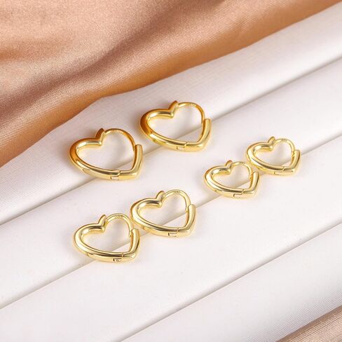 925 sterling الفضة الفضية 3 أزواج أقراط القلب المحددة للنساء 14 كيلو متر مطلي بالذهب ، والقلوب البسيطة على شكل قلوب صغيرة كبيرة من الفضة كبيرة hoop in Kuwait