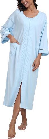 ردية نسبة القطن النسائية بنسبة 100 ٪ من السحاب 3/4 كم معطف منزل zip up Housecoat دافئة طويلة الطول ملابس مع جيوب in Kuwait