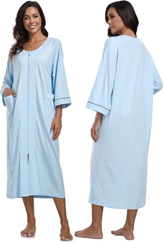 ردية نسبة القطن النسائية بنسبة 100 ٪ من السحاب 3/4 كم معطف منزل zip up Housecoat دافئة طويلة الطول ملابس مع جيوب in Kuwait