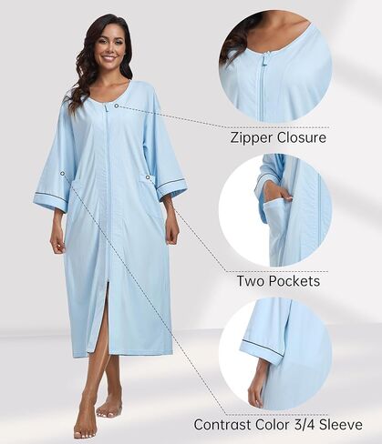 ردية نسبة القطن النسائية بنسبة 100 ٪ من السحاب 3/4 كم معطف منزل zip up Housecoat دافئة طويلة الطول ملابس مع جيوب in Kuwait