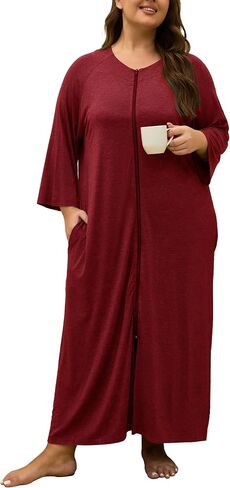 VintageClothing Women Zipper Front Robes Plus Size Long Housecoat Soft Modal Sleepwear Loungewear Nightgowns with Pockets in Saudi Arabia