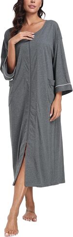 CF Women's 100% Cotton Zipper Robes 3/4 Sleeve House Coat Zip Up Housecoat Warm Full Length Loungewear with Pockets in Saudi Arabia