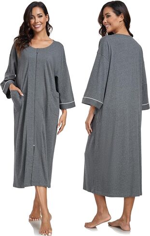 CF Women's 100% Cotton Zipper Robes 3/4 Sleeve House Coat Zip Up Housecoat Warm Full Length Loungewear with Pockets in Saudi Arabia