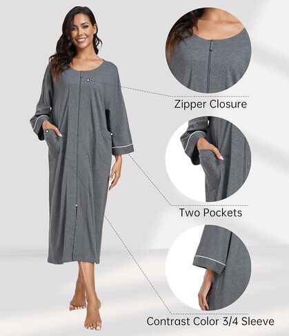 CF Women's 100% Cotton Zipper Robes 3/4 Sleeve House Coat Zip Up Housecoat Warm Full Length Loungewear with Pockets in Saudi Arabia