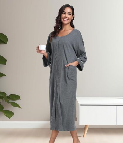 CF Women's 100% Cotton Zipper Robes 3/4 Sleeve House Coat Zip Up Housecoat Warm Full Length Loungewear with Pockets in Saudi Arabia