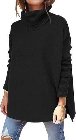 LILLUSORY Women's Turtleneck Oversized Sweaters Long Batwing Sleeve Spilt Hem Tunic Pullover Knit Tops in Kuwait